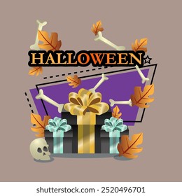 Diseño de cartel de vacaciones de Halloween. Cajas de regalo, hojas de otoño, cráneo y huesos. Texto mecanografiado, caligrafía. Festiva, celebración, concepto de fiesta. Ilustración vectorial para invitación o Anuncio