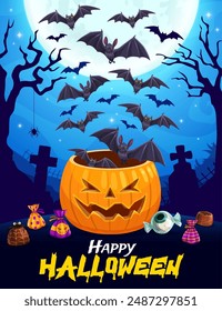 Halloween holiday poster with flock of bats and big pumpkin on midnight cemetery. Halloween season vector background with creepy Jack o Lantern, flying at night bats and cemetery gravestones, candies