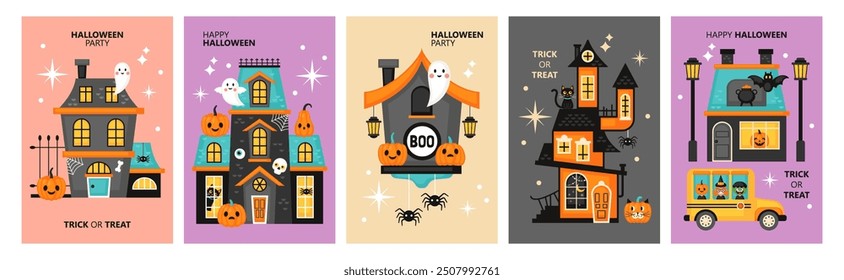 Halloween holiday poster set design with cute haunted house. Template for greeting card, party invitation and banner. Vector illustration