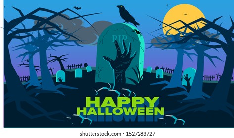 Halloween holiday poster with Zombie hand out from ground , and grave yard ,full moon , bats ,spooky trees  
