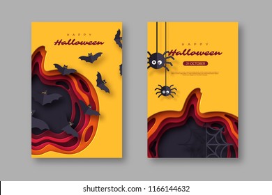 Halloween holiday posters. Paper cut style pumpkin with flying bats and spiders. 3d layered effect. Vector illustration.