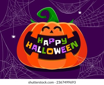 Halloween holiday pumpkin banner with cobweb and spiders. Happy Halloween vector greeting card of cartoon jack o lantern character with cute face and smile. Orange pumpkin vegetable monster personage