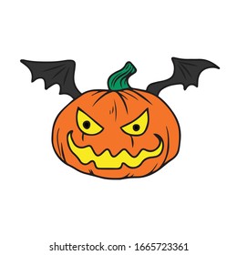 Halloween holiday, pumpkin with bat wings . Colorful silhouette. Children's flat vector design on a white isolated background.