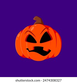 Halloween holiday pumpkin emoji. Isolated vector cartoon grinning jack lantern face with vacant eyes and evil smile. Emoticon with scary expression captures festive spirit and spooky festive fun