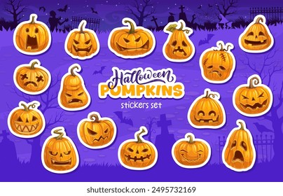 Halloween holiday pumpkin stickers on horror cemetery vector background. Cartoon jack o lantern characters with cute faces, evil, spooky and happy smiles. Halloween autumn orange pumpkin vegetables