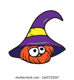 Halloween holiday, pumpkin in a witch's hat. Colorful silhouette. Children's flat vector design on a white isolated background.