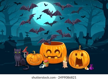 Halloween holiday pumpkins and flying bats on cemetery landscape. Vector graveyard with jack-o-lanterns, cat and sweets, old tombstones with amanita mushrooms and zombie hand beneath a moonlit sky