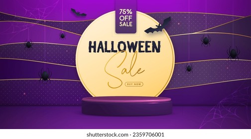 Halloween holiday sale banner with 3d podium, spiders and spider web. Halloween spooky background. Vector illustration