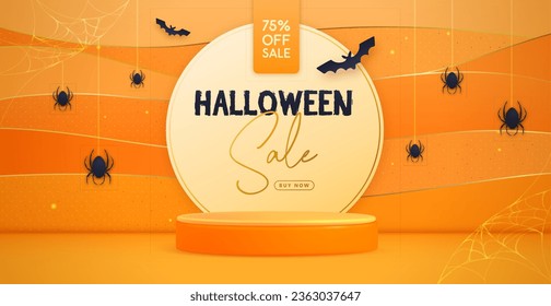 Halloween holiday sale banner with 3d podium, spiders and spider web. Halloween spooky background. Vector illustration