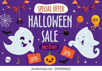 Halloween holiday sale banner with cute kawaii ghosts for discount promotion, vector background. Halloween shop sale and store offer deal for discount promo with funny ghost, skull and spiders