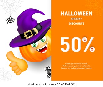 Halloween holiday sale banner or flyer. Happy orange pumpkin with funny monster face and witch hat showing thumb up on white background with cute spiders and cobweb.