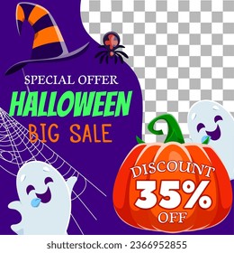 Banner de venta de feriados de Halloween con fantasmas kawaii, sombrero de bruja y calabaza en telaraña. Marco vectorial vacío con fantasmas espeluznantes, sombrero de bruja, calabaza madura y araña. Oferta especial de descuento de temporada