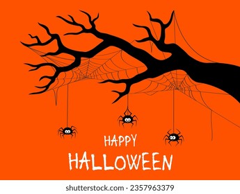 Halloween holiday scary black border with spiders and cobweb on tree branch, vector background. Happy Halloween greeting card and trick or treat party poster with funny spiders and spiderweb on tree