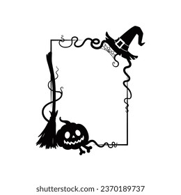 Halloween holiday scary black frame with silhouettes of cobweb, witch hat and broomstick, jack lantern face, vine and bones. Isolated vector decorative rectangular border or vignette with spooky decor