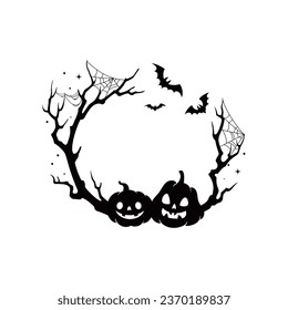 Halloween holiday scary black frame adorned with menacing pumpkin faces, cobwebs, bats and eerie trees, capturing the spirit of spine-tingling allure. Isolated monochrome border for spooky snapshots