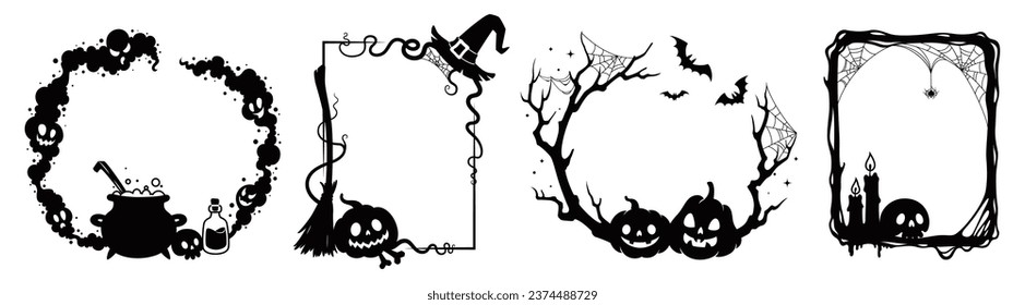 Halloween holiday scary black frames. Isolated vector borders with creepy pumpkin faces grimace, burning candles, skull, spiderweb and witch hat, broom and cauldron, tree branches, bats silhouettes