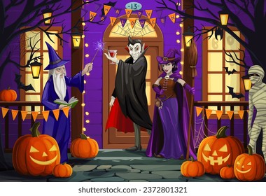 Halloween holiday scary characters on the porch near the door. Vector decorated cottage house facade with guests wearing costumes of vampire, witch, wizard and mummy ready to celebrate All Hallows Eve