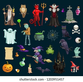 Halloween holiday scary and evil vector characters, objects. Wizard and owl, devil and vampire, grave, treat, potion, ghost and zombie, pumpkin and cat, skull and witch, frog and crow, bat and castle