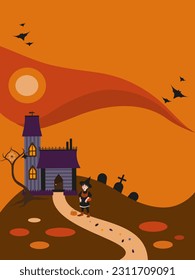 Halloween holiday scene card. A young witch with a kind face near the house, cemetery and a tree with web, bats flying in the sky. Candies on a road. Orange background.