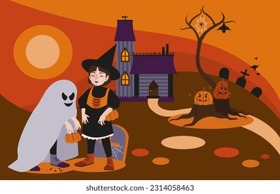 Escena festiva de Halloween con múltiples personajes. Joven bruja, fantasma infantil, casa, calabazas en los trozos, árbol sin hojas y con una araña en la red, cementerio con tumbas, murciélagos en el cielo.