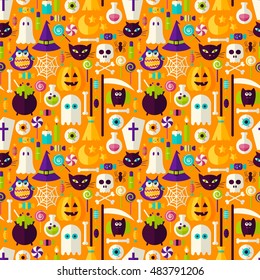 Halloween Holiday Seamless Background. Vector Illustration of Scary Party Flat Style Tile Pattern. Trick or Treat.