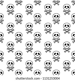 Halloween holiday seamless pattern background with hand drawing elements - pumpkin, ghost, cat and skull. Vector illustration