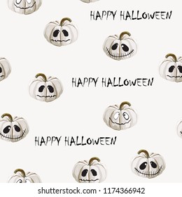 Halloween holiday seamless pattern background with hand drawing elements - white pumpkin. Vector illustration. Light background.