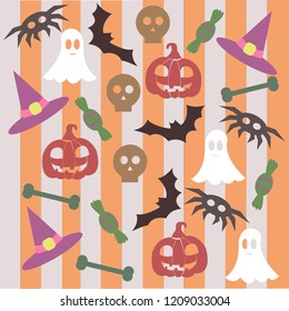 Halloween holiday seamless pattern background with hand drawing elements - pumpkin, ghost, hat, spiders, bat, bones. Vector illustration