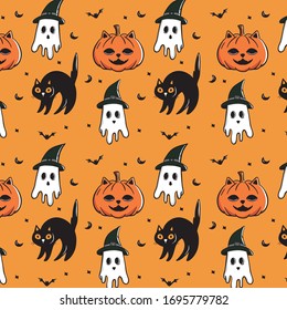 Halloween holiday seamless pattern background with hand drawing elements - pumpkin, ghost, cat and bat. Vector illustration