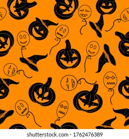 Halloween holiday seamless pattern background. Vector illustration on an orange background with pumpkins, hat and balloons.