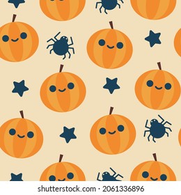 Festividad de Halloween fondo de patrón sin fisuras. Gato, araña, fantasma, calabaza. Ilustración para el diseño, la tela o el papel envoltorio.
