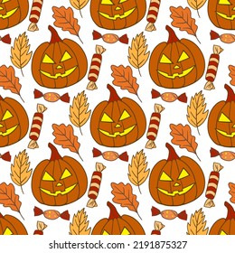 Halloween holiday seamless pattern background with hand drawing pumpkin, leaves and candy. Vector illustration