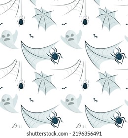 Halloween holiday seamless pattern background with hand drawing elements - pumpkin, ghost, cat and skull. Vector illustration.