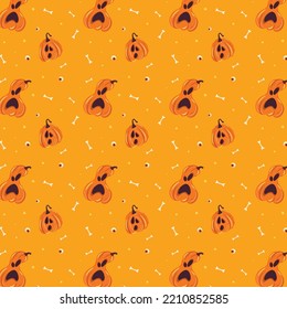 Halloween holiday seamless pattern background with hand drawing elements - pumpkin, ghost, cat and skull. Vector illustration