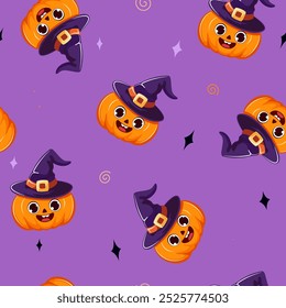 Halloween holiday seamless pattern background. Pumpkin in a witch's hat. 