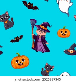 Halloween holiday seamless pattern background. Witch, ghost, pumpkin, cat, hat and bat. 