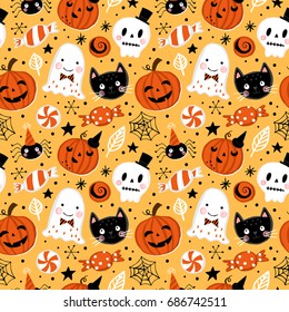Halloween holiday seamless pattern background and hand drawing elements    pumpkin  ghost  cat   skull  Vector illustration