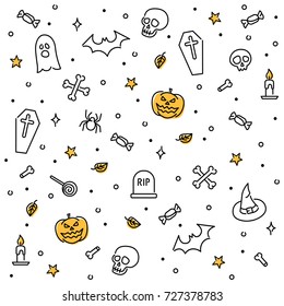 Halloween holiday seamless pattern background with pumpkins, bats, skull, ghost, bone