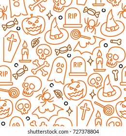 Halloween holiday seamless pattern background with hand drawing elements. Line icons pumpkins, bats, skull, ghost