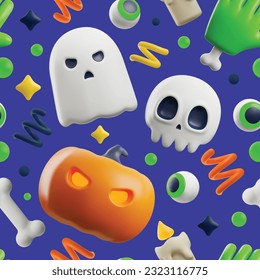 Festividad de Halloween patrón sin fisuras con elementos de dibujos animados 3d, ilustración vectorial plana sobre fondo azul. Calabaza suave y espeluznante, fantasma, calavera y huesos, mano zombie y globo ocular humano.