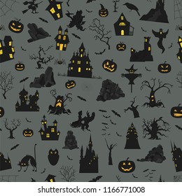 Halloween holiday seamless pattern. Flat design. Vector illustration