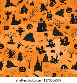 Halloween holiday seamless pattern. Flat design. Vector illustration
