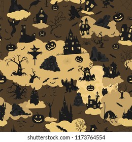 Halloween holiday seamless pattern. Flat design. Vector illustration