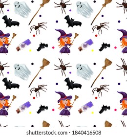 Halloween holiday, seamless pattern with ghosts, little witch, broomstick, bats, magic potion. Realistic characters Halloween. Vector illustration