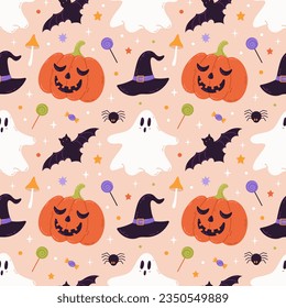 Halloween holiday seamless pattern with hand drawn elements: pumpkin, ghost, hat, bat, candy. Cute vector background.