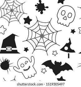 Halloween holiday seamless pattern, october background with halloween symbols - hat, skull, ghost, spider web, bat, spider. Vector illustration black and white. Great for wrapping paper.