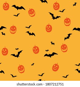 Halloween holiday. Seamless pattern with pumpkin and  bats on yellow background. Vector illustration for invitation, party flyers, greetings cards, posters.
