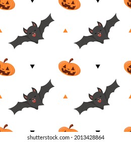 Halloween holiday, seamless pattern with pumpkin and bat on white background.