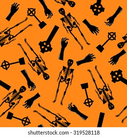 Halloween Holiday Seamless Pattern With Skeleton, Zombie Hand And Grave Stones Over Orange Background for Creating Halloween Designs.  Vector illustration.