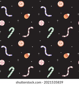 Halloween holiday seamless pattern. Vector candies with halloween elements and ornaments. Cartoon flat vector style. Baby texture for fabric, wrapping, textile, wallpaper, clothing, greeting cards.